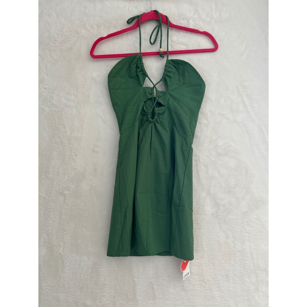 Cider Green Halter Mini‎ Dress NWT Cutout Lace Up Linen Blend Summer Festival XS